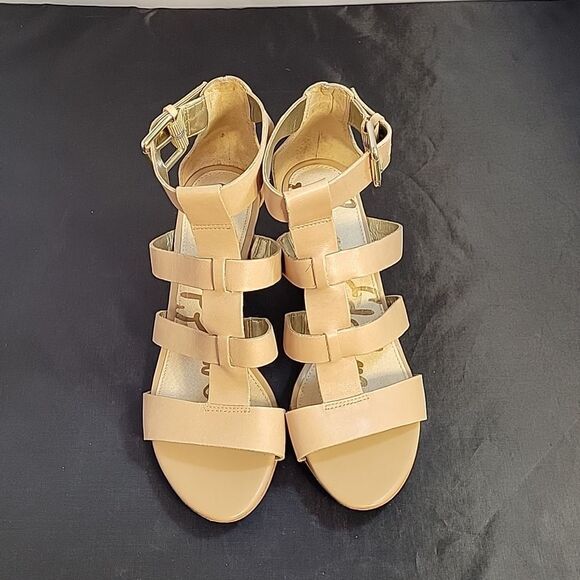 SAM EDELMAN LEATHER WOMEN"S SABRINA GLADIATOR LOW WEDGE LEATHER SANDAL - Picture 3 of 13